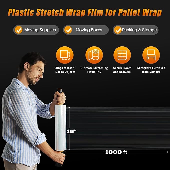 BETU Plastic Wrap Stretch Film for Moving Supplies 15inch X 1000ft, Shrink Wrap Stretch Roll Industrial for Furniture Wrapping Shipping Pallet Moving Boxes Storage with Handles, 1 Pack, Clear
