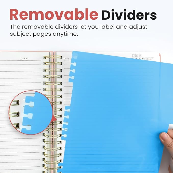 Hardcover Spiral Journal Notebooks for Work With Removable Dividers & Tabs, 8.5"x11" 5 Subject Notebook for Note Taking & Organizer, A4 College Ruled Lined Journal for Women & Writing, Pink, 280 Pages