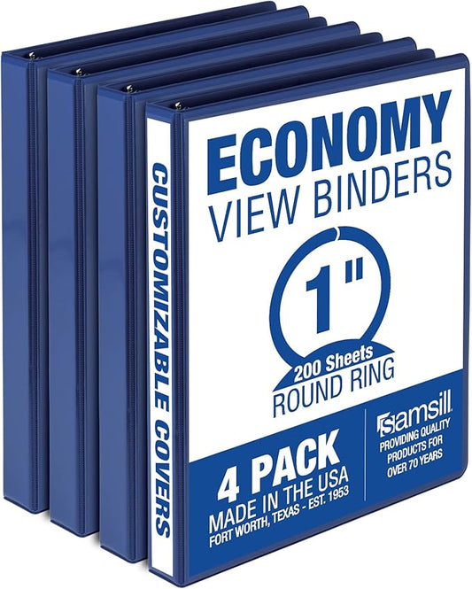Samsill 1 Inch 3 Ring Binders, Made in USA, Economy Round Ring, Clear View Cover, 200 Sheet Capacity - for School, Home, Office - Blue, 4 Pack