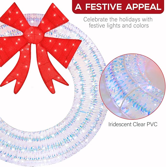Hykolity 48 in. 3D Lighted Outdoor Iridescent Christmas Wreath with Red Bow, 140 LED Lights Christmas Wreath for Holiday, Garden, Porch Decoration
