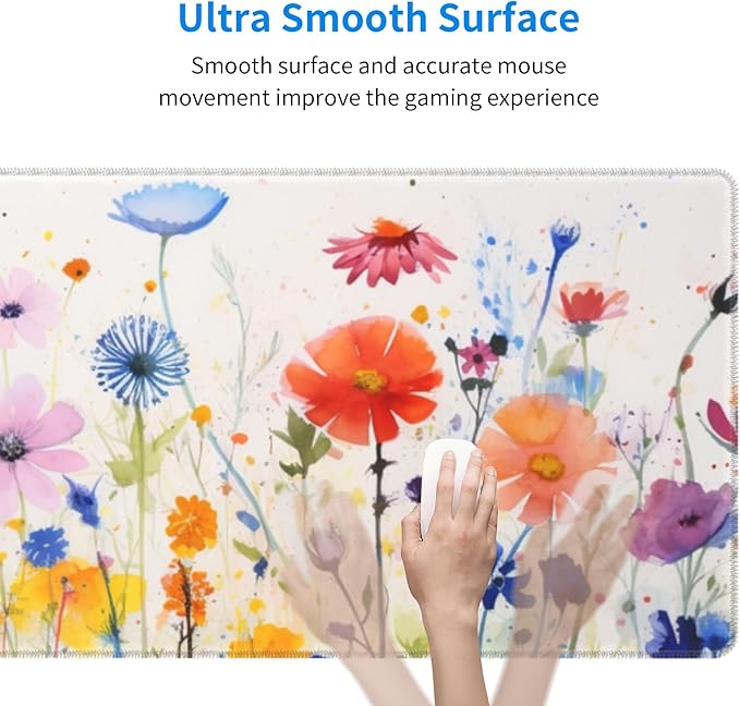 Cute Wildflowers Pattern Mouse Pad 31.5 x 12 Inch, Non-Slip Rubber Base, Ergonomic Design for Pain Relief, Perfect for Computer Users