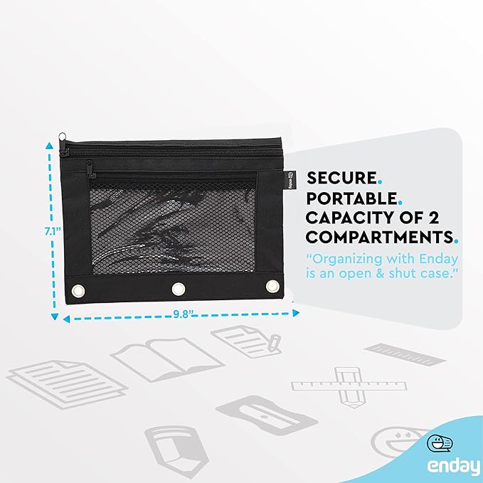 Enday Black Pencil Pouch For 3 Ring Binder, Zippered Binder Pencil Pouches, 3 Ring Pencil Pouch for Binder, Pencil Case for Binder, Large Pencil Bags for School, Home, and Office