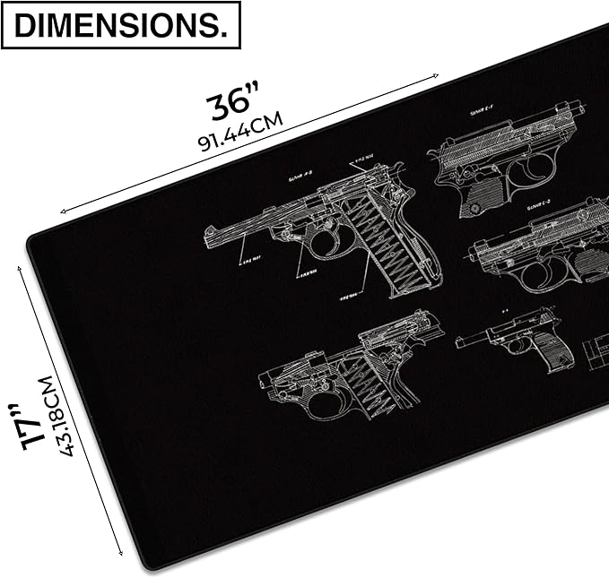 MPCO. Blueprints Large Gaming Desk Pad - 36" x 17" Aeroglyde Fabric Pistol 38 – Black Desk Mats - Non-Slip, Washable, Smooth Glide for Precision Gaming & Work