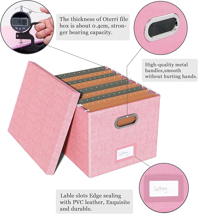 Oterri 2 Pack File Storage Organizer, Filing Box, Portable File Box with Lid, Fit for Letter/Legal File Folder Storage, document organizer, New-pink
