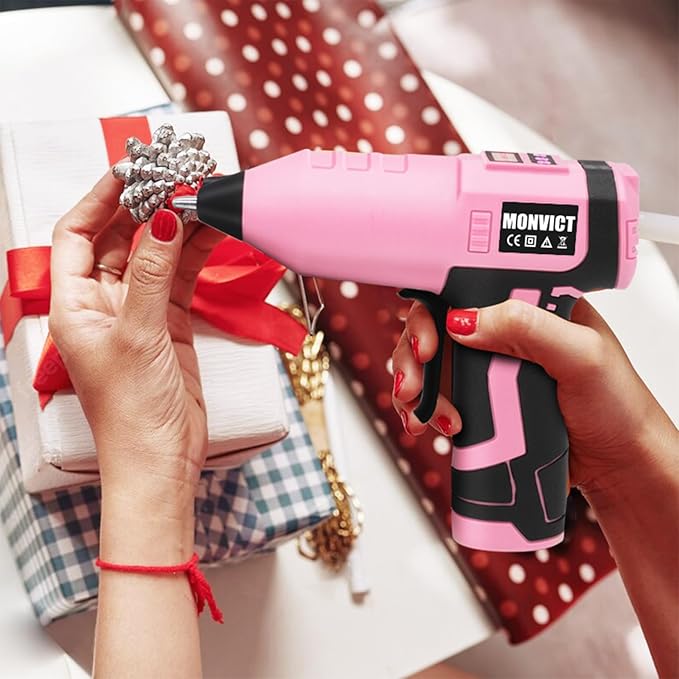 MONVICT 7.4V Cordless Hot Glue Gun with Holder Base, Digital Display Adjustable Temp, Smart Auto-Off, Silicone Pad, 2.6A Rechargeable Battery, Full Size Handheld Electric Power with 10 Glue Sticks