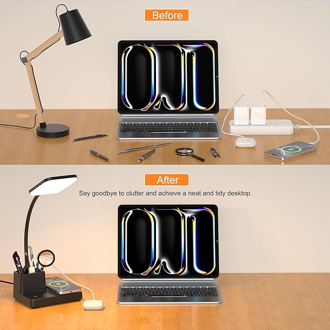 Sailstar Desk Lamp, Table Lamp with Wireless Charger & USB Port, 800LM CRI95 3 Color Modes Dimmable Touch Flexible Arm Pen Holder, LED Desk Lamps for Home Office, College Dorm Room, Adapter Included