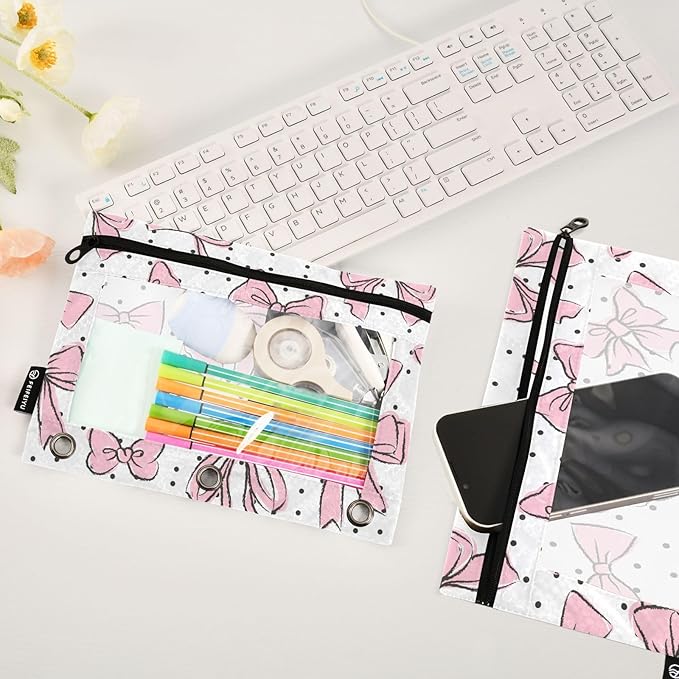 Cute Bows Pink Pencil Pouch for 3 Ring Binder, 2 Pack Waterproof Pencil Bags Clear Window Zipper School Office Supplies