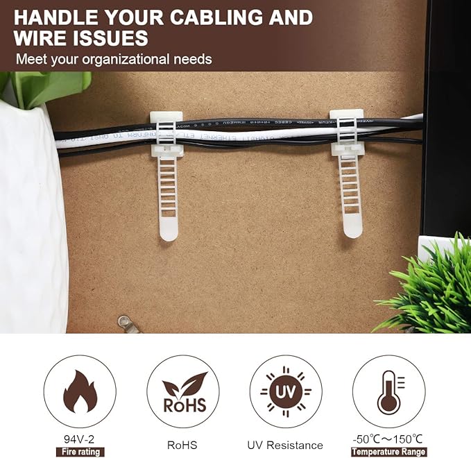 Adhesive Cable Management Clips, 50Pcs Adjustable Nylon Cable Strap Ties Wire Clips Clamps Organizer with Strong Adhesive Tape, Extra Screw & Hole for Strong Fixation Home Office - 3.35 Inch White