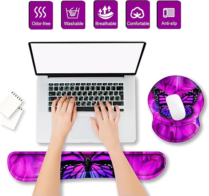 ARTSO Ergonomic Mouse Pad with Wrist Rest, Comfortable Keyboard Wrist Rest, Memory Foam Mousepad for Computer Keyboard, Mouse Pad Set for Easy Typing, Pain Relief, Purple Butterfly