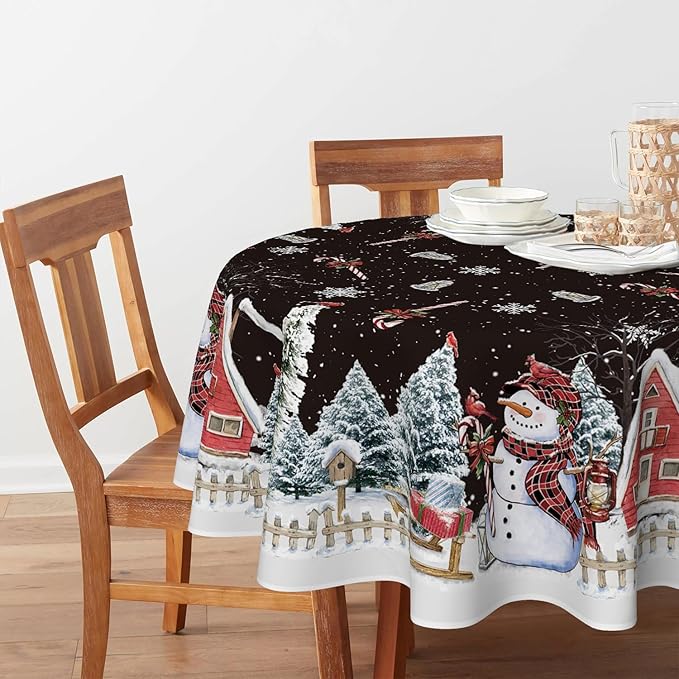 Horaldaily Christmas Tablecloth 70×70 Inch Round, Winter Snowman House Christmas Trees Black Washable Table Cover for Party Picnic Dinner Decor