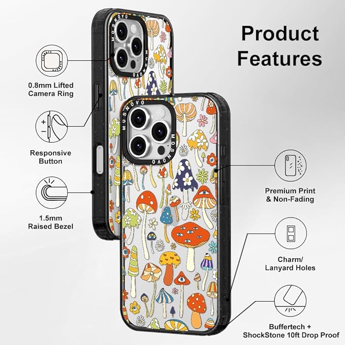 MOSNOVO Case for iPhone 16 Pro Max, [10ft 4X Military-Grade Drop Protection] Durable & Shockproof Phone Case Cover Design for iPhone 16 Pro Max - Mushroom Art - Clear Black