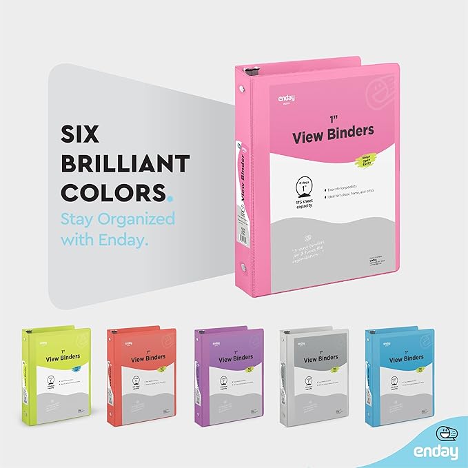 3 Ring Binder Pink, 1 Inch, 1” Clear View Cover with 2 Inside Pockets Round Ring Binder, Colored School Supplies Binders, Also Available in Grey, Blue, Purple, Green, and Red (6 PC) – by Enday