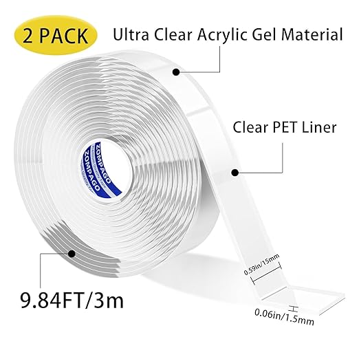 Heavy Duty Double Sided Nano Tape, 2Roll,0.6inx9.84F, Waterproof, Strong Adhesion, Clear, High Strength, No Residue Removability for Hanging, Wall Mounting, Home Decor, Adhesive for Shower