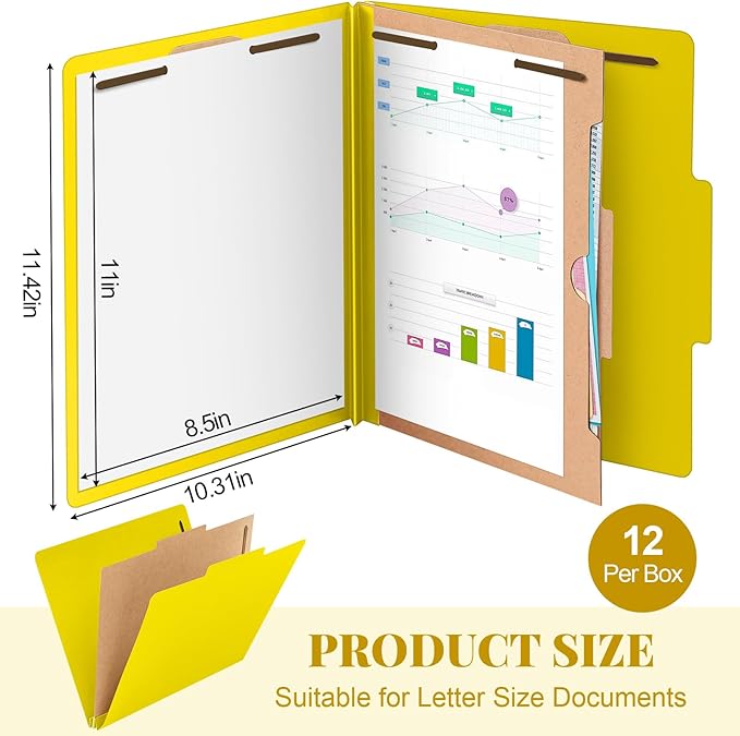 Skyygemm 12 Pack Classification File Folders Bulk with Divider and 2" Expansion, Pressboard Folder with 2 Prong Fasteners for Employee Records Medical Charts Office Document Organization(Yellow)