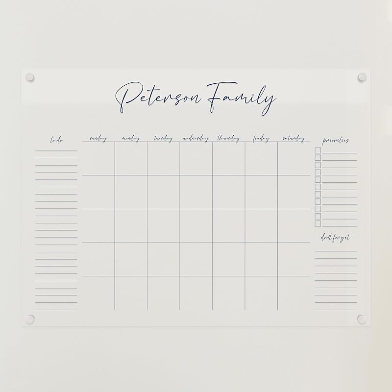 Personalized Clear Acrylic Calendar for Wall, Calendar Whiteboard for Wall, Dry Erase Wall Calendar, Wall Calendar Organizer System for Home (Cursive, Navy, 31"W x 23"H)