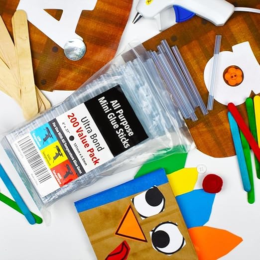 Artellius Mini Hot Glue Sticks - 4 in x 0.27 in, Pack of 200 - Universal Fit Glue Gun Sticks for Scrapbooking & Stamping Supplies - Fast-Melting Strong Bond with Adhesive Rods on Wood & Fabric