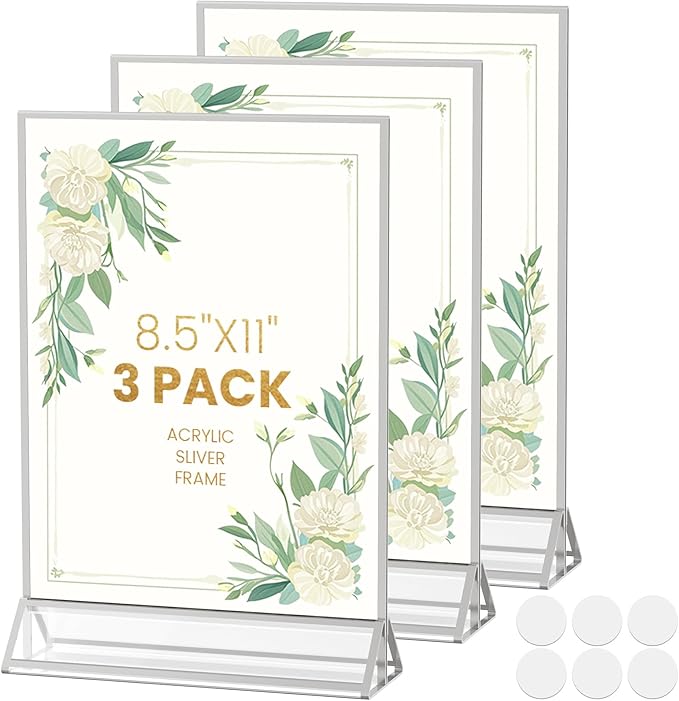 8.5X11 Sliver Frames Double-Sided Acrylic Sign Holder Sliver Picture Frames Flyer Holder for Menu Holder Wedding Table Number Holder Photo Frames with Glue Dots Double Sided Removable-3 Pack