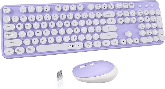 UBOTIE Colorful Computer Wireless Keyboards Mouse Combo, Typewriter Flexible Keys Office Full-Sized Keyboards, 2.4GHz Dropout-Free Connection and Optical Mouse (Purple-White)
