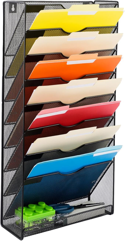 EASEPRES Desk File Organizer Mesh 9-Tier, Hanging Wall Mount Document Organization Stand, Desktop Vertical Mail Paper Folder Holder Rack with Bottom Tray for Office Home Cubicle Countertop, Black