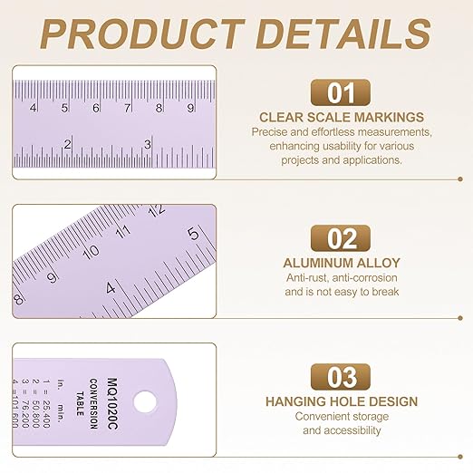 HARFINGTON 6pcs Metal Straight Ruler 15cm Metric SAE Aluminum Alloy Measuring Rulers Scale Tool with Hole for Measure Study Reading Classroom Office, Purple