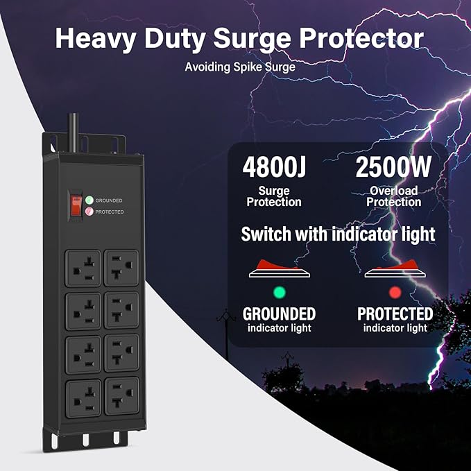 CCCEI Black Heavy Duty Power Strip Surge Protector 20 AMP, 8 Outlets 12 Gauge Industrial Shop Garage Metal Multiple Outlets, 15 FT Extension Cord 5-15P Adapter High Amp 6-20R T-Slot 20a for Appliance