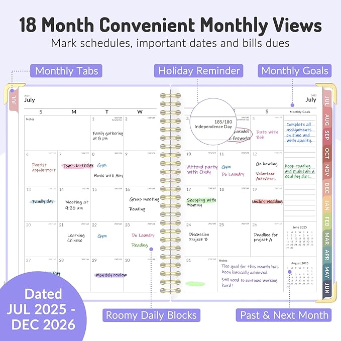 Jul 2025 - Dec 2026 Planner, Forvencer Academic Planner 2025-2026, 18 Month Daily Planner, 6" x 8", Weekly & Monthly Agenda Book, Hardcover Calendar Book, School Supplies for Student Teacher, Blue