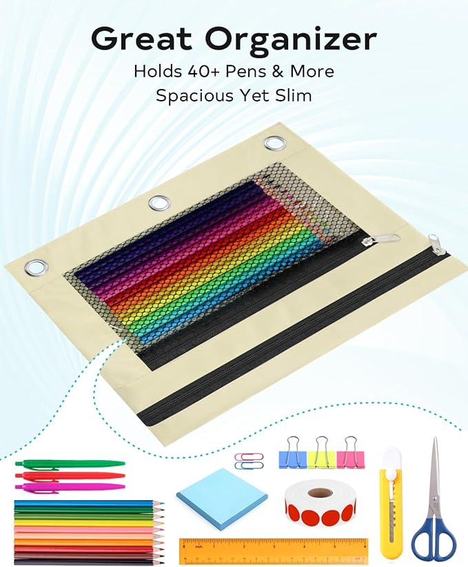 Pencil Pouch for 3 Ring Binder - 3 Hole Zipper Pen Case Bag Holder Bulk Accessories Clear Window Aesthetic Organizer Pockets (Beige, 1)