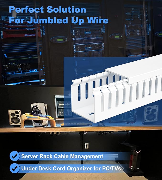 ZhiYo 2x2in Professional Server Rack Cable Management Raceway, 6.6ft (2 × 3.3ft) Cable Raceway Kit, Electrically Safe PVC Open Slot Wire Cover, Cord Hider for Under Desk/Computer/Network Cords White