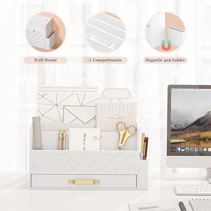 Bamboo Desk Organizer Mail Holder Countertop Wood Desk Drawer Tabletop Storage Box Pen Holder Letter Sorter Makeup Organizer for School Home Office Supplies with Pen Holder White