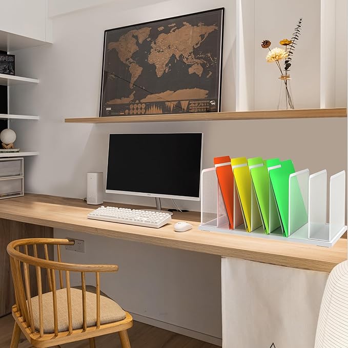 Kuntine.B Desk File Organizer Upright Mesh Desktop Organizer File Sorter Office Organization File Holder for Home, Office & Classroom (White, 1 Pack 7-Section)