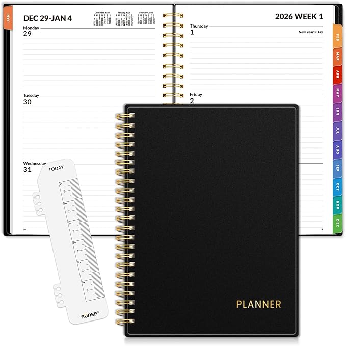 SUNEE 2026 Planner - Weekly and Monthly Calendar Planner from January 2026 - December 2026, 6.4" x 8.3" Daily Agenda with Monthly Tab, Flexible Cover, Note Pages, Pockets, Bookmark, Spiral Binding, Black