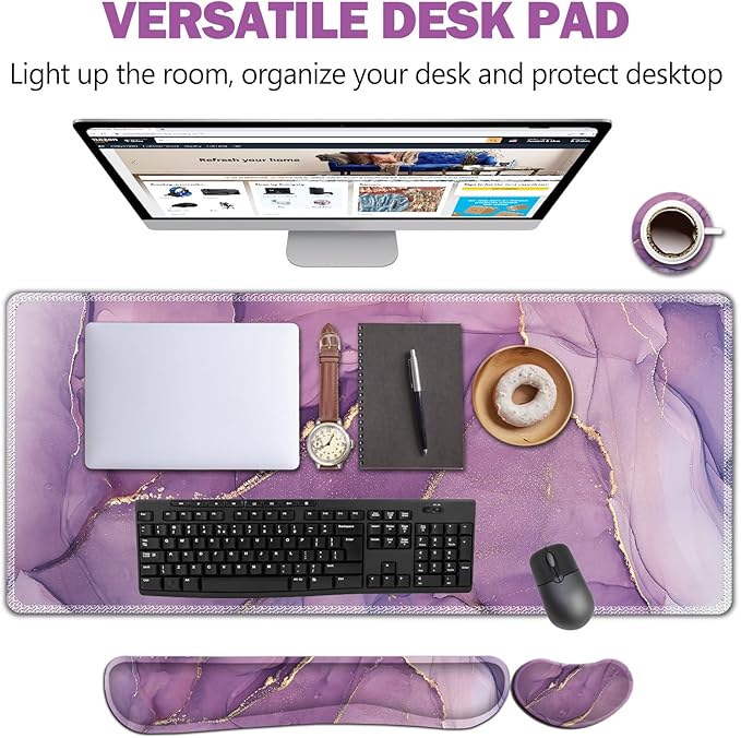 AIMSA Large Gaming Mouse Pad Set, Keyboard Wrist Rest Support Mouse Pad, Ergonomic Memory Foam Multifunctional Extended Desk Mat 35x15.7in Anti-Slip Rubber Base for Office Home, Purple Marble