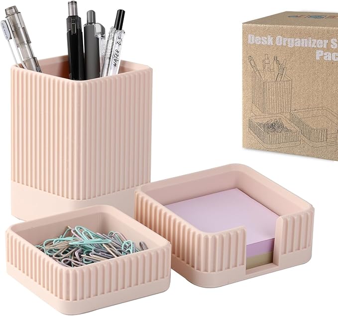 Aesthetic Desk Organizers and Accessories Set of 3 with Pen Holder,Paperclip Holder,Sticky Note Holder - Durable Plastic Pencil Holder for Office Women Men-Teacher Appreciation/Back-to-school Gift