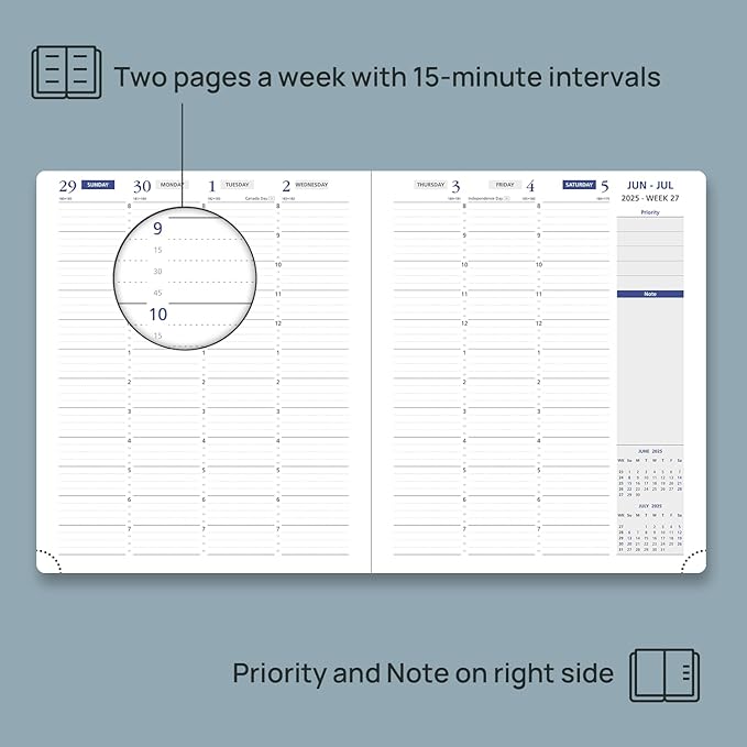 POPRUN Weekly Planner 2025-2026, 7.25'' x 8.5'', 15-Minute Hourly Appointment Book (July 2025-June 2026) with PU Leather Softcover, Monthly Tabs, Inner Pocket - Claret