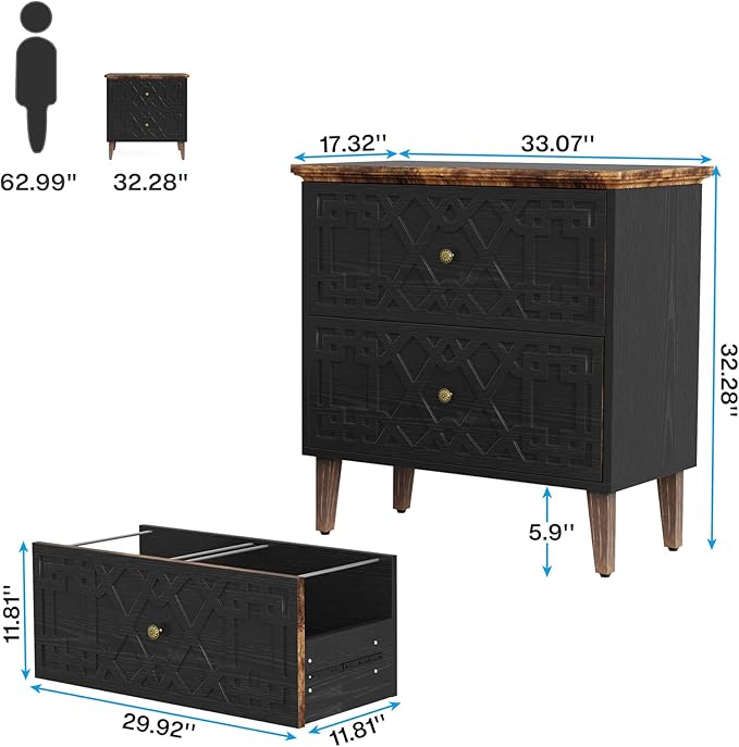 LITTLE TREE 2-Drawer File Cabinet, Lateral Filing Cabinet for A4/Letter/Legal Size, Office Storage Cabinet, Printer Stand with Storage Drawer for Home Office, Black