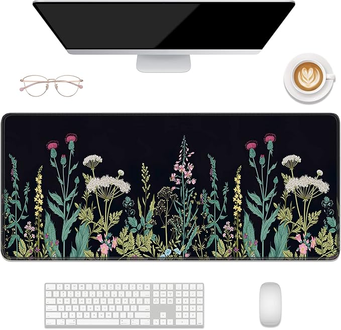 Desk Mat, 32" x 12" XXL Extended Large Gaming Mouse Pad, Desktop Decor Desk Pad, Cute Men Women Office Supplies and Accessories, XL Mouse Mat for Laptop & Keyboard, Black Flower