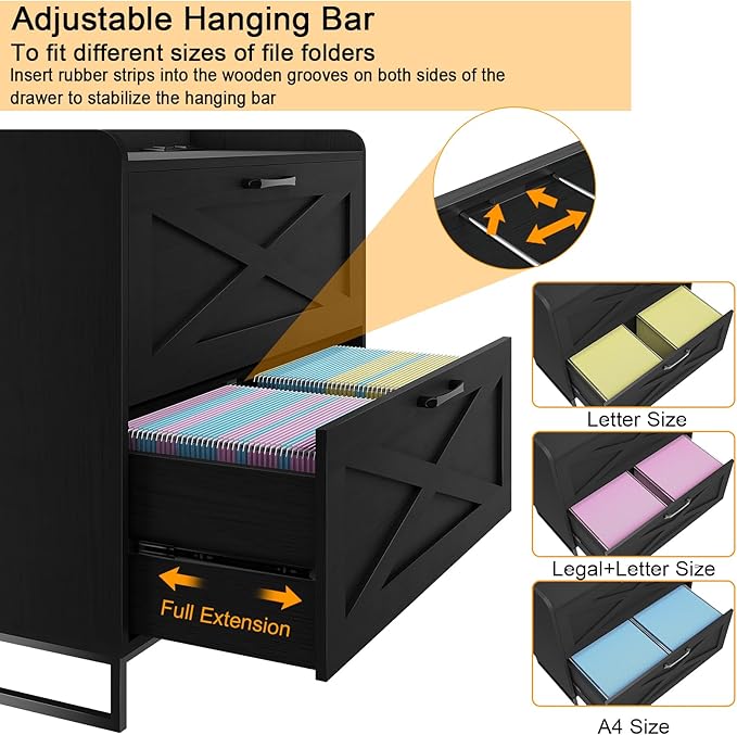 Lateral File Cabinet with Charging Station, 2 Drawer File Cabinet for Letter/Legal/A4 Size Hanging Files, Large Wood File Storage Cabinets Printer Stand for Home Office, Black
