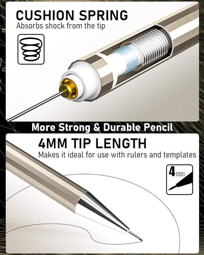 Nicpro 6PCS Metal Mechanical Pencil Set, Full Copper Drafting Pencil 0.3, 0.5, 0.7, 0.9 mm & 2PCS 2mm Graphite Lead Holder(4B 2B HB 2H) For Art Sketching Drawing With Lead Refills Eraser Case