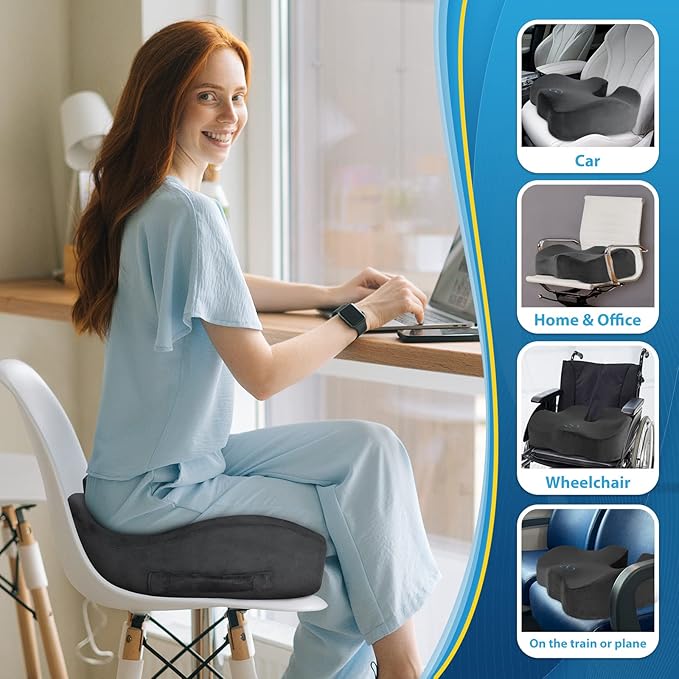 BlissTrends Seat Cushion,5.2in Thick Memory Foam Cushions for Office Chair, Car Seat, Airplane, Relieving Pressure Tailbone Sciatica Back Pain for Long Sitting Office Workers, Car Drivers Grey
