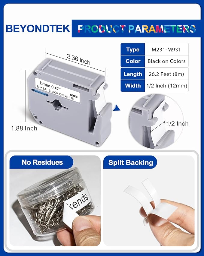 M Tape Work for PT-65 PT-70 PT-70BM PT-M95 Replace with Brother P Touch M Tape 12mm 0.47 Colors for M-K231s/M-431/M-531/M-631/M-731/M-831/M-931s with Label Maker PT-45 PT-80 PT-90 8m 26.2ft