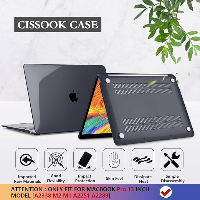 CISSOOK for MacBook Pro 13 Inch Case Black 2025-2020 Release M2 M1 A2338 A2251 A2289 with Touch Bar, Plastic Hard Shell Case Cover with Keyboard Cover for MacBook Pro 13 -Clear Black