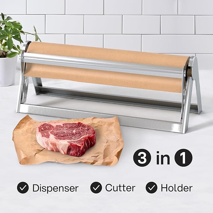 Kenley Butcher Paper Dispenser - Large Holder and Cutter for Wrapping Butcher Craft Freezer Paper Roll 18 Inch - Wall Mount or Tabletop - Carbon Steel Non-Slip Cutter with Serrated Blade - Easy to Use