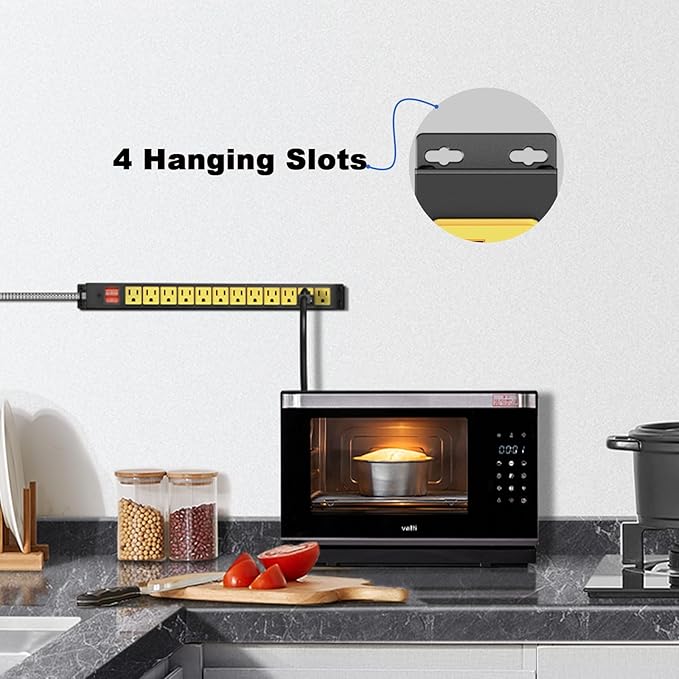 12 Outlet Heavy Duty Power Strip with 15A Circuit Breaker,Metal Wall Mount Power Strip for Garage Workshop Industrial 1200J 15A 125V 1875W 6ft Cord