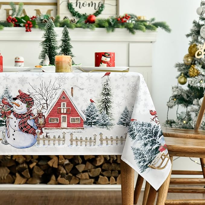 Horaldaily Christmas Tablecloth 60×60 Inch Square, Winter Snowman House Christmas Trees Whirte Washable Table Cover for Party Picnic Dinner Decor