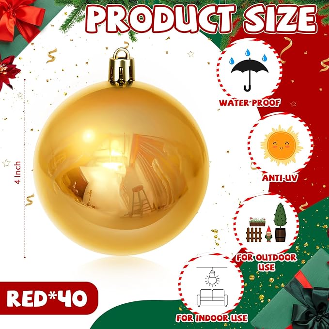 40 Pcs Christmas Ball Ornaments 4 Inch UV Resistant and Waterproof Shatterproof Shiny Plastic Christmas Tree Hanging Ornaments Decoration for Indoor Outdoor Holiday Party(Gold)