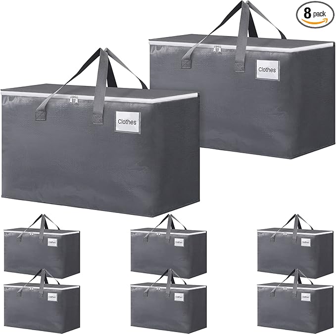 BlissTotes Large Moving Boxes and with Zippers & Handles Moving Supplies with lids, Heavy Duty Totes for Storage Bags for Space Saving, Fold Flat, Moving and Storing 125L, 8 Pack