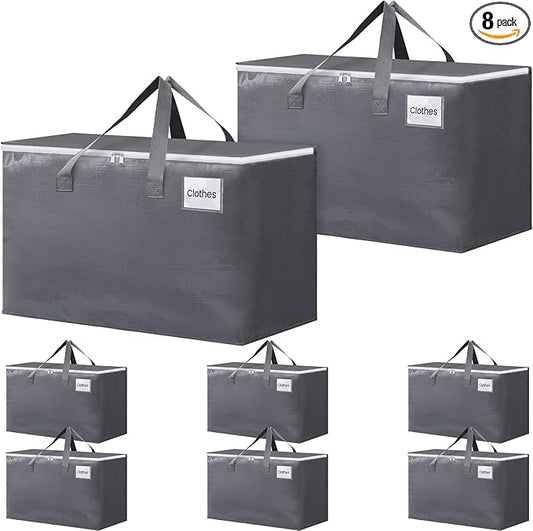 BlissTotes Large Moving Boxes and with Zippers & Handles Moving Supplies with lids, Heavy Duty Totes for Storage Bags for Space Saving, Fold Flat, Moving and Storing 125L, 8 Pack