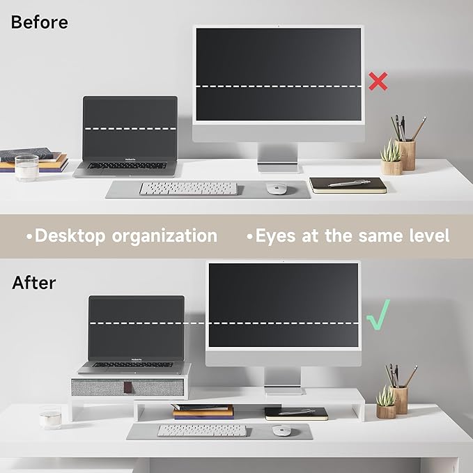 Fenge Computer Monitor Riser Stand with Drawer for 2 or 3 Monitors ,Adjustable Length and Angle Desktop Laptop Stand,Office Organizer,Printer,White