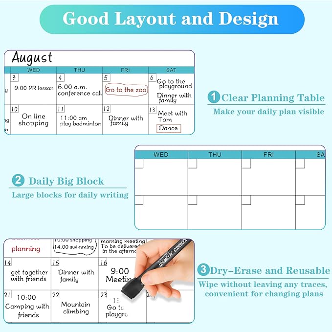 Dry Erase Calendar for Wall - 38" x 58" Extra Large White Board Calendar, One Month Undated Blank Daily Planner, Reusable Laminated 30-Day Task Organizer for Office, Classroom, Home(No Creases)