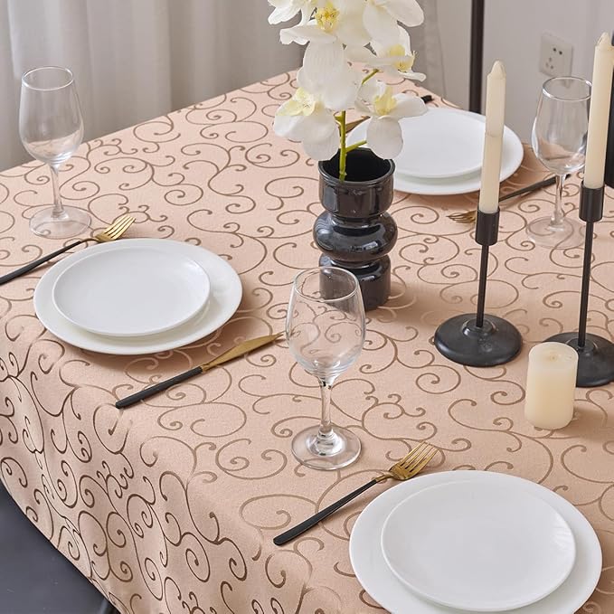 Romanvicky Christmas Jacquard Tablecloth Gold Floral Pattern Rectangle Table Cloth Spill Proof Wrinkle Resistant Polyester Table Cover for Party, Holiday, Thanksgiving Decoration, 60 x 102 Inch